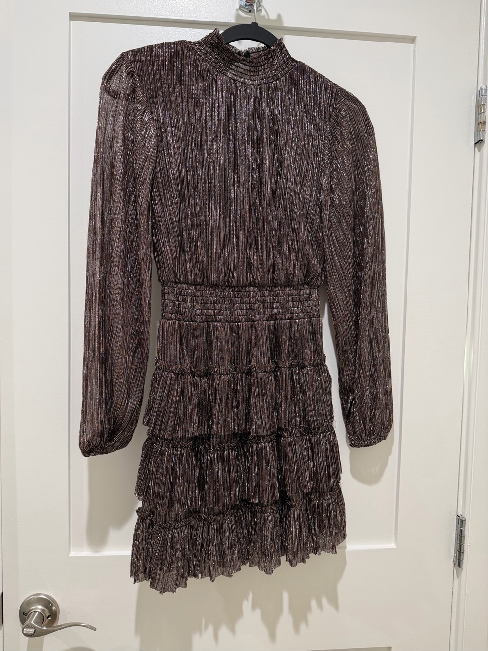 1. State Metallic Brown/Purple Tiered Long-Sleeve Dress